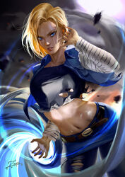  1girls 2017 android_18 blonde_hair blue_eyes color dragon_ball dragon_ball_z female female_only high_resolution highres navel short_hair zumi 