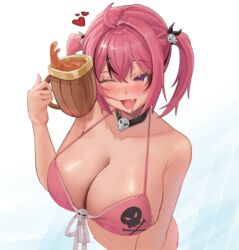  @_@ absurdres ahoge armpit_crease bare_arms bare_shoulders bikini black_choker black_ribbon bluepaint blush breasts brown_hair choker cleavage collarbone cropped_torso cup drink drooling eyelashes female fingernails front-tie_bikini_top front-tie_top goddess_of_victory:_nikke hair_between_eyes hair_intakes hair_ornament hair_ribbon heart heart_in_eye highres holding holding_cup huge_breasts looking_to_the_side mast_(a_pirate&#039;s_heart)_(nikke) mast_(nikke) medium_hair mug multicolored_hair nail_polish oerba_yun_fang one_eye_closed open_mouth pink_bikini pink_hair pink_nails purple_eyes ribbon short_twintails simple_background skin_fang skull_choker skull_hair_ornament skull_ornament skull_print smile solo streaked_hair swimsuit symbol_in_eye twintails two-tone_hair white_background 