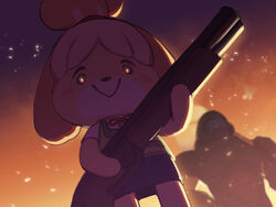  1boy :&gt; animal_crossing animal_ears armor assault_visor blonde_hair blue_skirt blush_stickers chinese_commentary closed_mouth commentary_request crossover dog_ears dog_girl doom_(series) doom_eternal doomguy female glowing glowing_eyes gun helmet holding holding_weapon isabelle_(animal_crossing) looking_at_viewer short_hair shotgun skirt smile weapon yellowpaint. 