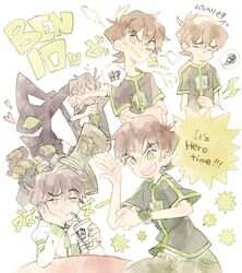  1boy arm_support ben_10 ben_10:_omniverse ben_tennyson brown_hair cup disposable_cup drinking drinking_straw feedback_(ben_10) green_eyes holding holding_cup hood hoodie male_focus omnitrix one_eye_closed ra_(moggg26) shirt short_hair smoothie t-shirt 