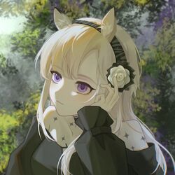  animal_ears arknights black_dress black_hairband dress female flower hair_flower hair_ornament hairband hand_up heavyrain_(arknights) heavyrain_(tranquil_moss)_(arknights) highres long_hair long_sleeves mianshuang official_alternate_costume purple_eyes rose solo upper_body white_flower white_hair white_rose 