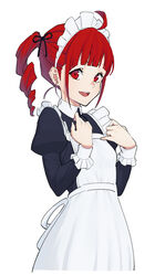  ahoge apron bad_id bad_pixiv_id black_dress commentary cowboy_shot dress drill_hair female frilled_apron frills hair_tie hands_on_own_chest highres kasane_teto looking_at_viewer maid maid_apron maid_day open_mouth red_eyes red_hair short_hair sideways_glance smile solo utau white_apron white_background yasutange 