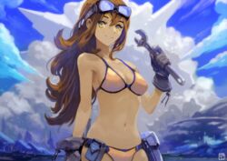  absurdres adjustable_wrench bikini breasts brown_eyes brown_hair cloud commentary day female gloves goggles goggles_on_head highres long_hair looking_at_viewer medium_breasts navel okuto original outdoors smile solo swimsuit wrench 