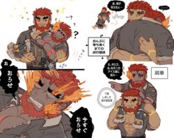  2boys bara beard carrying carrying_over_shoulder carrying_person chibi chibi_inset clenched_teeth collage dark-skinned_male dark_skin eyebrow_cut facial_hair flaming_eye frown hephaestus_(housamo) hug large_pectorals male_focus mature_male mechanic multiple_boys muscular muscular_male pectoral_cleavage pectorals piggyback princess_carry prosthesis prosthetic_leg red_eyes short_hair sleeping sleeping_on_person talos_(housamo) teeth thick_eyebrows tokyo_afterschool_summoners tora_d translation_request unzipped 