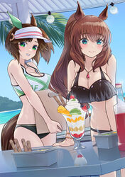  2girls alternate_costume animal_ears beach blush bottle box breasts brown_hair cleavage closed_mouth collarbone commentary_request food freckles green_eyes hair_between_eyes hair_ornament highres horse_ears horse_girl horse_tail ines_fujin_(umamusume) jewelry large_breasts looking_at_viewer maruzensky_(blasting_off_summer_night)_(umamusume) maruzensky_(umamusume) multiple_girls nabe_puyo necklace ocean open_mouth parfait sky smile swimsuit table tail umamusume visor_cap 