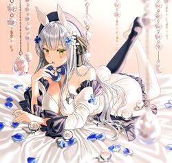  :o animal_ears asymmetrical_legwear bad_id bad_twitter_id bare_shoulders black_thighhighs commentary detached_sleeves dress facial_mark female finger_to_mouth full_body girls&#039;_frontline green_eyes hat hk416_(girls&#039;_frontline) hk416_(herbal-flavored_hard_candy)_(girls&#039;_frontline) long_hair looking_at_viewer lying mismatched_legwear neck_ribbon official_alternate_costume on_stomach parted_lips petals puffy_sleeves rabbit_ears rabbit_tail ribbon silence_girl solo tail teardrop the_pose thighhighs white_dress white_hair white_legwear 