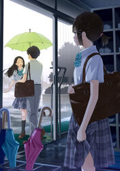  1boy 2girls bag black_hair blurry blurry_foreground bow brown_hair closed_eyes highres long_hair looking_at_another multiple_girls open_door open_mouth original profile rain school_uniform shared_umbrella shirt short_hair silhouette taka_(tsmix) tree umbrella white_shirt 