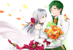  1boy aplche bangle bare_shoulders belt bird bouquet bracelet bride couple detached_sleeves dress female fire_emblem fire_emblem:_radiant_dawn fire_emblem_heroes flower formal green_eyes green_hair grey_hair groom hair_ribbon half_updo highres jewelry long_hair long_sleeves micaiah_(bridal)_(fire_emblem) micaiah_(fire_emblem) petals red_ribbon ribbon simple_background sothe_(fire_emblem) sothe_(groom)_(fire_emblem) straight suit tuxedo wedding wedding_dress white_background white_dress white_suit yellow_eyes yune_(fire_emblem) 