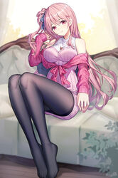  bare_shoulders black_pantyhose blue_bow bow breasts closed_mouth commentary_request couch dress emily_stock female hair_between_eyes hairbow hand_up head_tilt heart heart_necklace highres indoors jewelry long_hair long_sleeves looking_at_viewer medium_breasts necklace no_shoes on_couch original pantyhose pillow pink_dress pink_hair plaid plaid_bow red_eyes ririko_(zhuoyandesailaer) shirt sitting smile solo very_long_hair white_shirt wooden_floor 