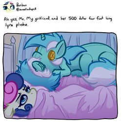  1:1 2020 absurd_res ah_yes._me._my_girlfriend. animal_plushie awake bed blue_eyes blue_hair bonbon_(mlp) character_plushie earth_pony english_text equid equine equine_plushie female friendship_is_magic furniture green_hair hair hasbro hi_res horn horse inanimate_object lyra_heartstrings_(mlp) mammal meme multicolored_hair my_little_pony mythological_creature mythological_equine mythology on_bed pink_hair plushie pony selfie sleeping solo text twitter two_tone_hair under_covers unicorn user_avatar white_hair witchtaunter 