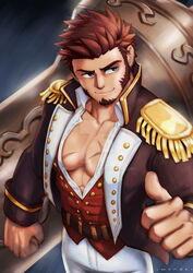  1boy abs bara beard blue_eyes brown_hair collared_jacket epaulettes facial_hair fate/grand_order fate_(series) huge_weapon long_sleeves looking_to_the_side male_focus military military_uniform mocucumo muscular napoleon_bonaparte_(fate/grand_order) pants pectorals scar short_hair sideburns simple_background smile solo thumbs_up uniform weapon 