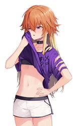  bad_id bad_twitter_id black_bra blonde_hair bra breasts choker clothes_lift cowboy_shot female hand_on_own_hip hand_up highres idolmaster idolmaster_cinderella_girls long_hair looking_away midriff multicolored_hair navel ninomiya_asuka one_eye_closed orange_hair parted_lips purple_eyes purple_shirt shirt shirt_lift short_shorts short_sleeves shorts simple_background small_breasts solo soya_(torga) standing stomach sweat torn_clothes torn_shirt two-tone_hair underwear white_background white_shorts 