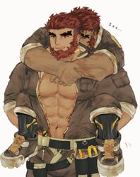  2boys bara beard belt black_belt carrying commentary dark-skinned_male dark_skin eyebrow_cut facial_hair flaming_eye hephaestus_(housamo) large_pectorals male_focus mature_male mechanic multiple_boys muscular muscular_male pants pants_rolled_up pectoral_cleavage pectorals piggyback prosthesis prosthetic_leg red_eyes short_hair sleeping sleeping_on_person sleeves_rolled_up talos_(housamo) thick_eyebrows tokyo_afterschool_summoners tora_d unzipped 