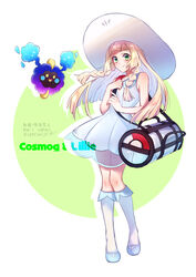  absurdres bag blonde_hair blue_footwear blush braid character_name closed_mouth collared_dress cosmog dress duffel_bag eyelashes female full_body green_eyes hat highres kneehighs knees lillie_(pokemon) long_hair pokemon pokemon_(creature) pokemon_sm shoes shoulder_bag sleeveless sleeveless_dress smile socks standing sun_hat twin_braids white_bag white_headwear white_legwear yuuki_(yuuk_yume) 