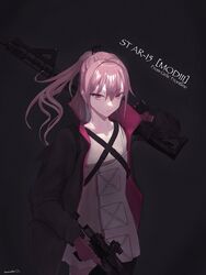  ar-15 artist_name black_background black_jacket breasts character_name closed_mouth copyright_name dress female girls&#039;_frontline gloves gun harness hetare_galm_sue highres holding holding_gun holding_weapon jacket long_hair looking_at_viewer open_clothes open_jacket over_shoulder pink_gloves pink_hair ponytail purple_eyes rifle serious small_breasts solo st_ar-15_(girls&#039;_frontline) st_ar-15_(mod3)_(girls&#039;_frontline) standing weapon weapon_over_shoulder white_dress 