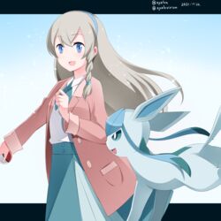  :d absurdres blue_eyes blue_hairband blue_neckwear blue_skirt braid collared_shirt commentary_request dated female glaceon grey_hair hair_between_eyes hairband hebitsukai-san highres holding holding_poke_ball jacket letterboxed long_hair long_sleeves open_clothes open_jacket pink_jacket poke_ball poke_ball_(basic) pokemon pokemon_(anime) pokemon_(creature) pokemon_journeys regina_(pokemon) shirt single_braid skirt smile twitter_username very_long_hair white_shirt 