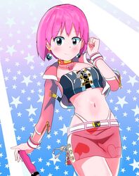  beauty_(bobobo-bo_bo-bobo) belt blush bobobo-bo_bo-bobo closed_mouth earrings female hakyarameru heart highres jewelry looking_at_viewer midriff navel pink_hair protected_link short_hair skirt smile solo standing star_(symbol) thong 