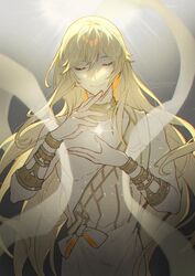  1boy ancient_greek_clothes backlighting bare_shoulders blonde_hair chiton choker closed_eyes closed_mouth commentary_request dated granblue_fantasy greco-roman_clothes hagoromo helel_ben_sahar_(granblue_fantasy) long_hair lucio_(granblue_fantasy) male_focus shawl smile solo twitter_username upper_body vambraces youmicitrustea 