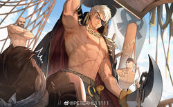  4boys abs absurdres bara commentary_request eugene_kidd highres holding large_pectorals male_focus mature_male multiple_boys muscular muscular_male navel nipples original pectorals peterhl pirate scar stomach topless_male weapon 