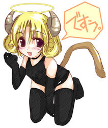  2_horns alternative_fashion angel angel_humanoid armwear bangs blonde_hair bludgeoning_angel_dokuro-chan blush blush_lines cat_tail clothed clothing curled_hair curled_horn dialogue droopy_eyes elbow_gloves fangs female footwear gloves goth gyaru hair halo handwear horn horned_humanoid humanoid j-fashion japanese_text kneeling legwear leotard low_res open_clothing rock_gyaru sabato_mihashigo socks solo speech_bubble tail tailed_humanoid teeth text thigh_highs thigh_socks translated unknown_artist 