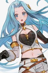  :o ahoge bare_shoulders black_gloves blue_eyes blue_hair blush breasts cleavage cleavage_cutout clothing_cutout commentary_request cosplay cowboy_shot crop_top detached_sleeves elbow_gloves female gloves granblue_fantasy grey_background long_hair lyria_(granblue_fantasy) midriff navel open_mouth parted_bangs relic_buster_(granblue_fantasy) relic_buster_(granblue_fantasy)_(cosplay) shirt shorts simple_background single_sleeve sleeveless sleeveless_shirt small_breasts solo tekki_(tki) white_shirt white_shorts 