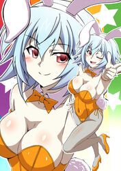  animal_ears blue_hair bow bowtie breasts cleavage commentary_request covered_navel detached_collar fake_animal_ears female fishnet_pantyhose fishnets foreshortening high_heels infinite_stratos kuroda_ariake large_breasts leotard looking_at_viewer multiple_views one_eye_closed orange_bow orange_bowtie orange_footwear orange_leotard pantyhose playboy_bunny pointing rabbit_ears rabbit_tail red_eyes sarashiki_tatenashi short_hair side-tie_leotard standing standing_on_one_leg strapless strapless_leotard tail wrist_cuffs zoom_layer 