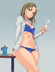  ass blue_bra blue_panties bra breasts brown_eyes brown_hair cleavage coffee_pot commentary_request cup female long_hair looking_at_viewer mole mole_under_eye navel open_clothes original panties partial_commentary sajittari solo steam underwear 