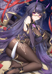  absurdres ahoge anklet ass bare_shoulders bodystocking breasts brown_gloves brown_pantyhose chinese_commentary cleavage closed_mouth commentary_request crop_top detached_sleeves dutch_angle female glasses gloves gold_trim hair_ornament hairpin high_heels highres honkai_(series) honkai_impact_3rd horns jewelry large_breasts long_hair long_sleeves looking_at_viewer md5_mismatch official_alternate_costume oni_horns pantyhose purple_eyes purple_hair raiden_mei raiden_mei_(herrscher_of_thunder) raiden_mei_(rainy_springtide)_(honkai_impact) revealing_clothes semi-rimless_eyewear sitting solo thighlet thighs under-rim_eyewear very_long_hair wu_ganlan_cai yokozuwari 