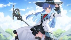  binato_lulu blue_eyes blue_hair day female hat long_hair looking_at_viewer mages. miniskirt mole mole_under_eye necktie neptune_(series) outdoors puffy_sleeves red_necktie skirt smile solo staff thighhighs witch_hat 