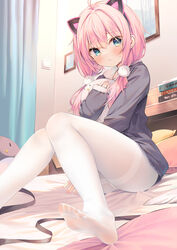  animal_ears blue_eyes cat_ears chen_bin chinese_commentary commentary curtains fake_animal_ears female hair_ornament hairband highres hugging_object indie_virtual_youtuber indoors knees_together_feet_apart long_hair long_sleeves looking_at_viewer low_twintails no_shoes on_bed pantyhose pink_hair sakurada_hane sitting solo stuffed_animal stuffed_toy thighband_pantyhose toes twintails virtual_youtuber white_pantyhose 