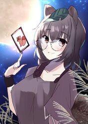  ability_card_(touhou) animal_ears aoko_(myut7287) breasts brown_eyes brown_hair brown_shirt card closed_mouth female full_moon futatsuiwa_mamizou glasses highres holding holding_card large_breasts leaf leaf_on_head looking_at_viewer moon night night_sky one-hour_drawing_challenge outdoors raccoon_ears raccoon_girl raccoon_tail shirt short_hair short_sleeves sky smile solo tail touhou 