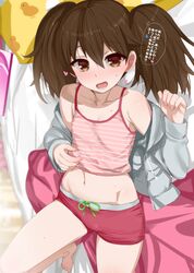  barefoot blurry blush brown_eyes brown_hair collarbone commentary_request depth_of_field female flat_chest grey_jacket groin hair_between_eyes heart highres jacket kantai_collection kusaka_souji long_hair long_sleeves looking_at_viewer motion_lines navel open_clothes open_jacket open_mouth ryuujou_(kancolle) solo speech_bubble sweat translated twintails 