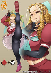  antenna_hair aqua_ribbon ascot black_pantyhose blonde_hair character_name commentary_request copyright_name crop_top female fingerless_gloves frilled_skirt frills gloves hair_ribbon high_heels high_kick jacket kanzuki_karin kicking long_sleeves midriff neone pantyhose red_footwear red_jacket red_skirt ribbon ringlets school_uniform skirt solo street_fighter street_fighter_v street_fighter_zero_(series) upskirt 