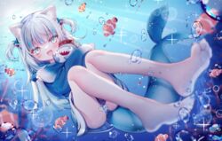  animal_costume animal_ears animal_hood barefoot bloop_(gawr_gura) blue_eyes blue_hair blue_hoodie blunt_bangs blurry blurry_background cat_ears clownfish coral depth_of_field feet female fins fish fish_tail full_body fuxiyu gawr_gura gawr_gura_(1st_costume) hair_ornament highres hololive hololive_english hood hoodie legs long_hair looking_at_viewer multicolored_hair panties shark_costume shark_girl shark_hair_ornament shark_hood shark_print shark_tail sharp_teeth sidelocks soles streaked_hair tail teeth toes tropical_fish two_side_up underwater underwear virtual_youtuber white_hair 