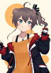  absurdres ahoge animal_ears bear_ears beige_background black_ribbon blue_eyes blue_jacket brown_hair dog_tags drawstring extra_ears female gloves hair_between_eyes hair_ribbon highres holding holding_poke_ball hololive jacket kyuzuki89 long_sleeves looking_at_viewer medium_hair natsuiro_matsuri natsuiro_matsuri_(gaming_casual) orange_shirt partially_fingerless_gloves poke_ball poke_ball_(basic) pokemon ribbon shirt side_ponytail solo tongue tongue_out two-sided_fabric two-sided_jacket upper_body virtual_youtuber 