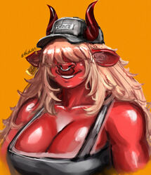  absurd_res anthro big_breasts bovid bovine breasts cattle clothing demon desdemona_(fortnite) desdemoona ear_piercing ear_tag epic_games facial_piercing female fortnite hair hair_over_eyes hi_res horn inner_ear_fluff khester824 mammal nose_piercing nose_ring overalls piercing red_body ring_piercing septum_piercing septum_ring solo tuft 