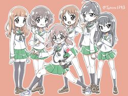  6+girls \n/ ahoge akiyama_yukari armband bag black-framed_eyewear black_eyes black_hair black_neckwear black_socks black_thighhighs blouse blunt_bangs brown_eyes brown_footwear brown_hair closed_mouth commentary crossed_arms girls_und_panzer glasses green_skirt grin hairband hand_on_own_chin highres isuzu_hana loafers long_hair long_sleeves looking_at_viewer low_twintails messy_hair miniskirt multiple_girls neckerchief nishizumi_miho ooarai_school_uniform open_mouth orange_eyes orange_hair ou_taiga outline pink_background pleated_skirt pose reizei_mako sailor_collar satchel school_uniform semi-rimless_eyewear serafuku shirt shoes short_hair simple_background skirt smile sneakers socks standing takebe_saori thighhighs twintails twitter_username under-rim_eyewear v white_footwear white_hairband white_outline white_sailor_collar white_shirt yamakake_(tororo1293) 