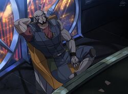  1boy bald bara beard belt black_hair brk_603 cigarette commentary_request cowboy_bebop facial_hair highres jet_black korean_commentary male_focus mature_male muscular muscular_male red_shirt scar shirt smoking solo wristband 