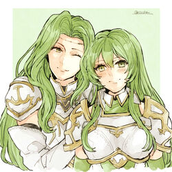  2girls annand_(fire_emblem) armor banira_(ri0115ka) circlet closed_mouth commentary erinys_(fire_emblem) fire_emblem fire_emblem:_genealogy_of_the_holy_war gloves green_eyes green_hair long_hair multiple_girls one_eye_closed siblings sisters smile 