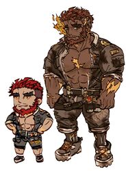  2boys bara beard chibi commentary_request dark-skinned_male dark_skin derivative_work eyebrow_cut facial_hair flaming_eye full_body hephaestus_(housamo) jacket large_pectorals looking_at_viewer male_focus mature_male mechanic multiple_boys muscular muscular_male open_clothes open_jacket pants pants_rolled_up pectoral_cleavage pectorals prosthesis prosthetic_leg red_eyes scar scar_on_chest short_hair sleeves_rolled_up talos_(housamo) thick_eyebrows tokyo_afterschool_summoners tora_d unzipped 