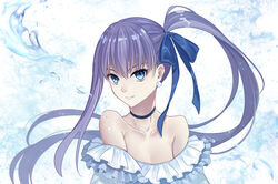  bare_shoulders blue_eyes blue_ribbon breasts choker collar collarbone earrings elsa_(g557744) fate/grand_order fate_(series) female frilled_collar frills hair_ribbon jewelry looking_at_viewer meltryllis_(fate) meltryllis_(swimsuit_lancer)_(fate) meltryllis_(swimsuit_lancer)_(third_ascension)_(fate) purple_hair ribbon small_breasts smile solo twintails upper_body water white_background 