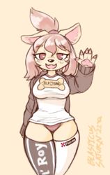  2022 anthro biscuit_(blasticussaturn) blasticussaturn canid canine canis clothing domestic_dog english_text female hair hi_res hoodie legwear logo looking_at_viewer mammal milk_bone open_mouth pawpads pink_hair ponytail purina raised_arm shirt smile solo t-shirt text text_on_clothing text_on_legwear text_on_shirt text_on_thigh_highs text_on_topwear thigh_highs topwear 