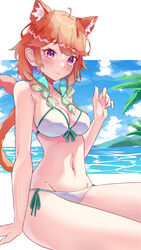  absurdres animal_ears aqua_hair bikini braid breasts cat_ears cleavage commentary earrings extra_ears feather_earrings feathers female gradient_hair halterneck highres hololive hololive_english jewelry long_hair medium_breasts multicolored_hair orange_hair purple_eyes shironekokfp side-tie_bikini_bottom solo string_bikini swimsuit takanashi_kiara twin_braids virtual_youtuber white_bikini 