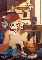  +_+ bedroom black_eyes black_shorts blunt_bangs bottle bra_strap chips_(food) closed_mouth commentary controller cross-laced_footwear day dolphin_shorts english_commentary female food frown game_controller headphones highres indoors inkling inkling_(language) inkling_girl inkling_player_character long_hair looking_to_the_side marie_(splatoon) meta nintendo_switch no_socks nomu_(29_nom) oerba_yun_fang off_shoulder orange_footwear orange_hair phonograph pillow pointy_ears portrait_(object) poster_(object) potato_chips seashell shell shirt shoes short_shorts short_sleeves shorts sitting solo splash-o-matic_(splatoon) splat_bomb_(splatoon) splatoon_(series) squid t-shirt tentacle_hair tissue_box very_long_hair white_shirt 