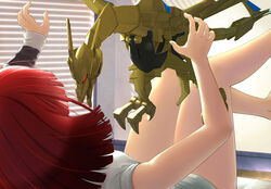  asukagawa_chise barefoot dragon female fingernails goldburn gouxiong gridman_universe highres lying on_back on_bed red_hair single_sleeve ssss.dynazenon window_blinds 