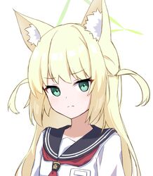  absurdres animal_ear_fluff animal_ears black_sailor_collar blonde_hair blue_archive closed_mouth commentary female green_eyes halo highres kurumi_(blue_archive) light_frown long_hair looking_at_viewer neckerchief red_neckerchief sailor_collar seika_(eevz2274) shirt simple_background solo symbol-only_commentary two_side_up upper_body white_background white_shirt 