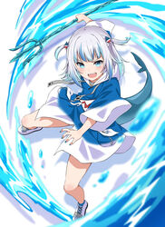  absurdres asanaya blue_eyes blue_hair blue_jacket blue_nails blunt_bangs commentary female fins fish_tail gawr_gura gawr_gura_(1st_costume) grey_hair hair_ornament highres holding holding_polearm holding_weapon hololive hololive_english jacket long_sleeves looking_at_viewer multicolored_hair nail_polish open_mouth polearm shark_girl shark_tail sharp_teeth shoes short_hair solo tail teeth trident two-tone_hair upper_teeth_only virtual_youtuber weapon white_footwear 