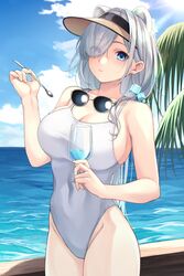  absurdres animal_ears arknights aurora_(arknights) bare_arms bare_shoulders beach bear_ears blue_eyes blue_sky breasts cleavage cloud cowboy_shot cup cupping_glass day eyewear_around_neck female groin hair_over_one_eye hand_up highres holding holding_cup large_breasts long_hair looking_at_viewer nameko_houshi ocean one-piece_swimsuit outdoors sky solo standing sunglasses swimsuit very_long_hair visor_cap water white_hair white_one-piece_swimsuit 