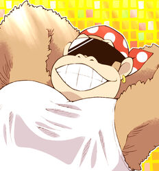  1boy ape arms_behind_head bandana donkey_kong_(series) donkey_kong_country earrings facing_viewer funky_kong furry furry_male grin jewelry large_pectorals male_focus minashirazu no_humans pectorals polka_dot_bandana single_earring smile solo sunglasses tank_top white_tank_top yellow_background 