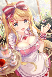  :d alternate_costume apron blonde_hair blue_eyes bow breasts cleavage cup day dress emu_alice enmaided female flower frilled_dress frills from_above gomano_rio hair_ornament hairbow hairclip hand_up highres liver_city long_hair looking_at_viewer maid maid_apron open_mouth outdoors pink_dress smile solo table tea teacup teapot tray wrist_cuffs 